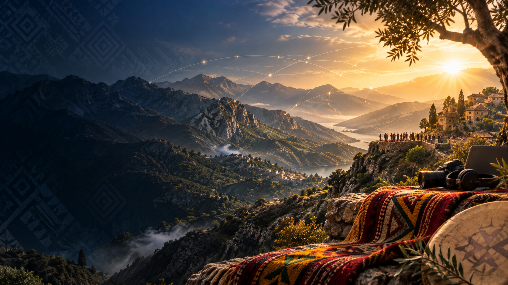 Paysage montagneux inspiré de la Kabylie avec motifs textiles et réseau lumineux.